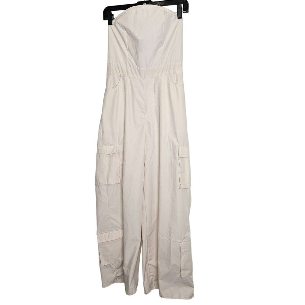 Justify Womens Cargo Jumpsuit With Shirred Smocked Back & Pockets Stone‎ Cream